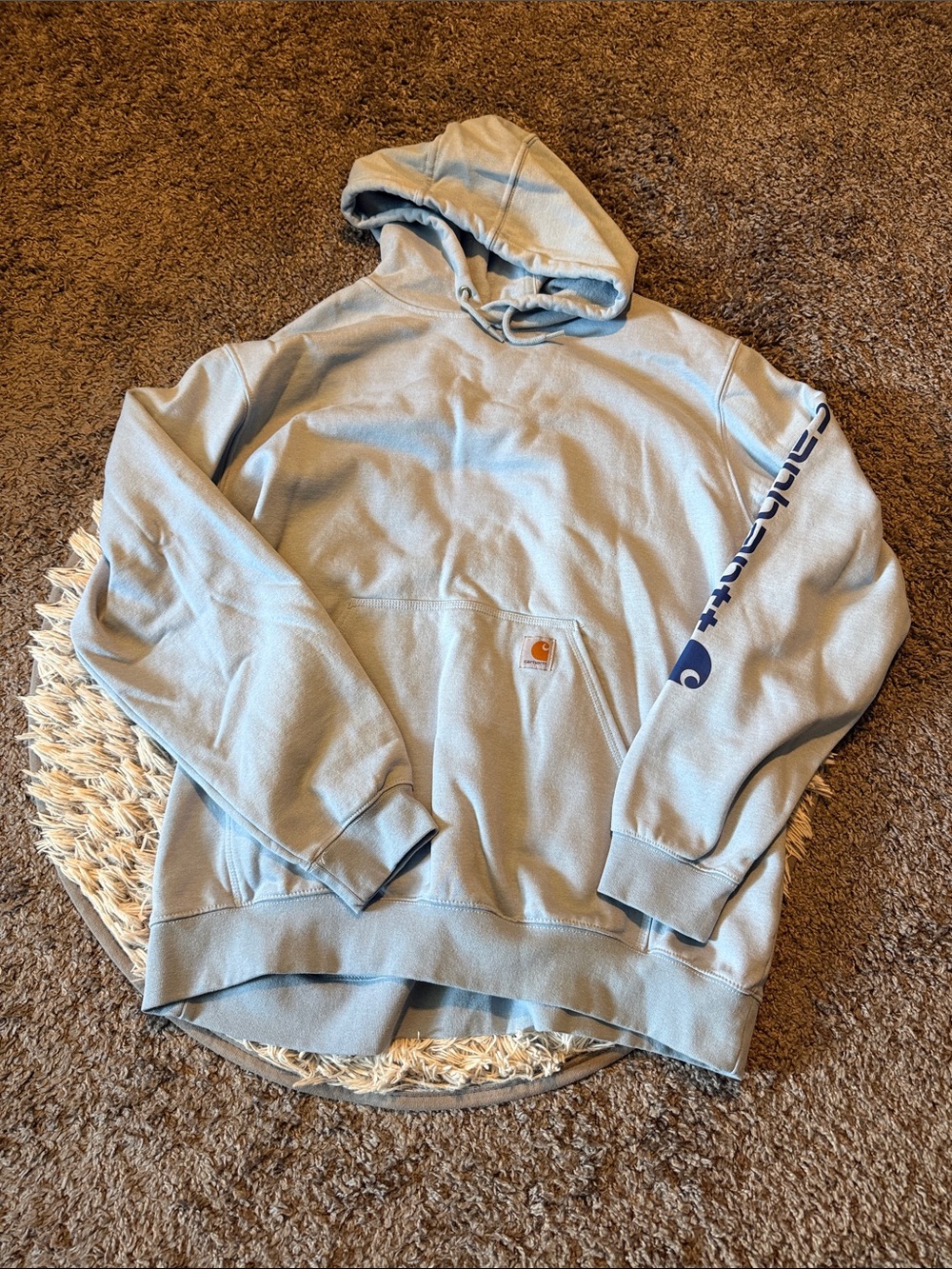 Carhartt Light Blue Pullover Hoodie with Logo Sleeve 2XL